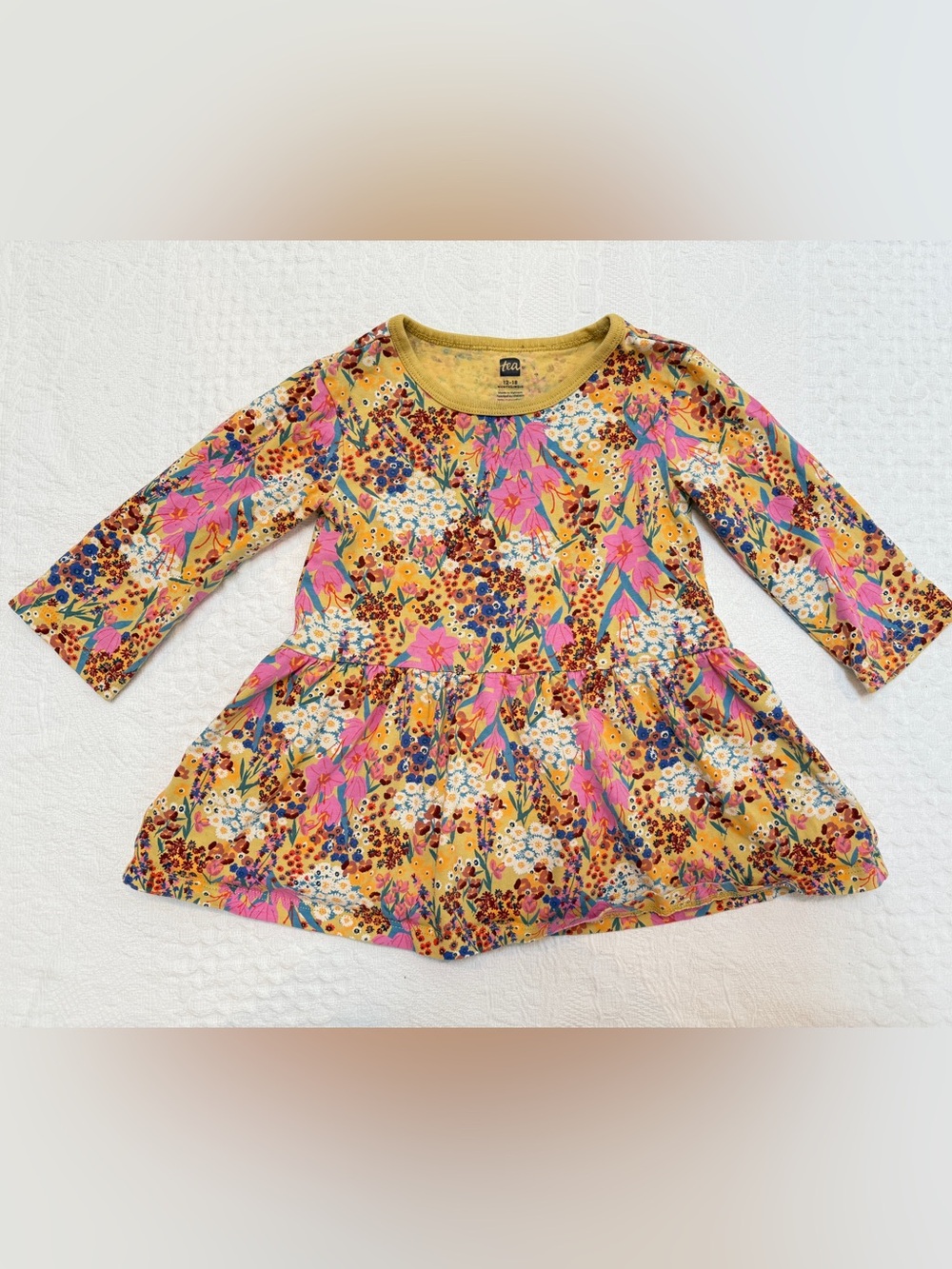 Tea Collection Floral Dress Baby Girls 12-18 Months Yellow Pink 100% Cotton